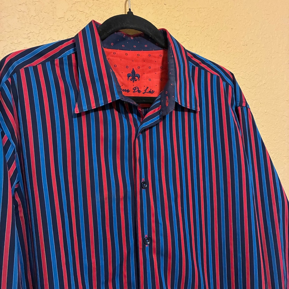 Fleur De Lis Mens 2XL Button Down Shirt Blokecore Club Striped Red Blue LS Party - Picture 2 of 13